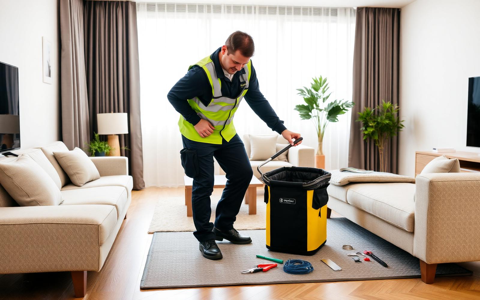 Installation engineer assembling furniture in a customer's living room