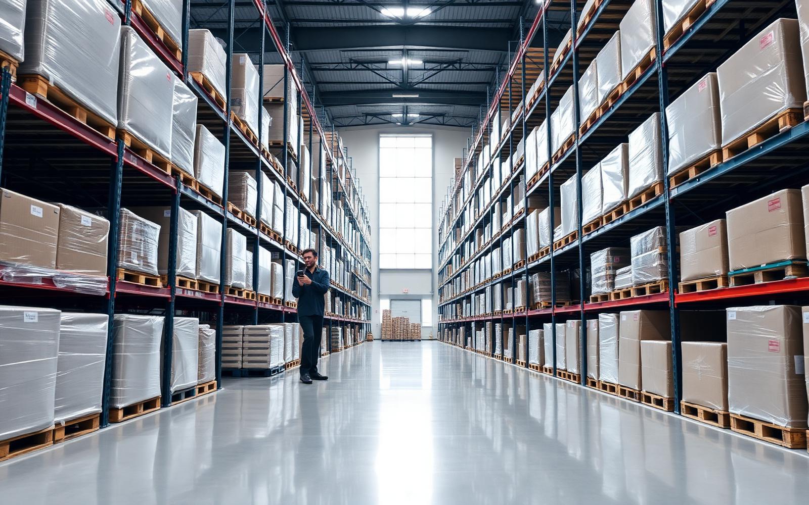 Modern UK distribution warehouse with racked furniture stock